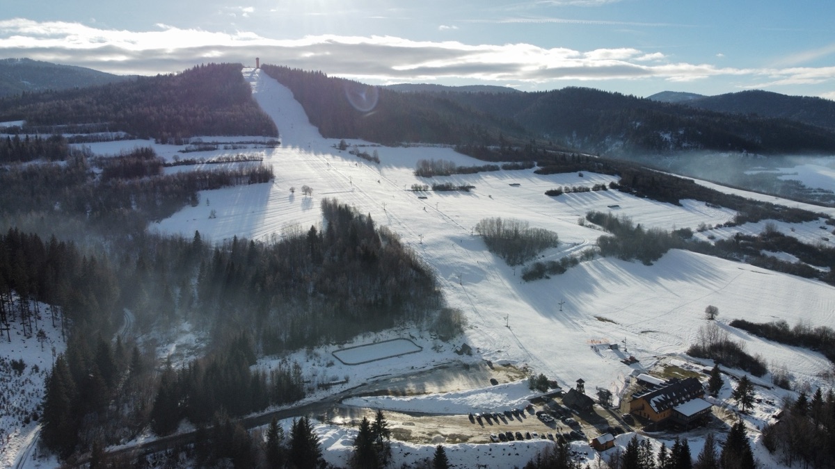 Aerial view of the ski area and valley in winter