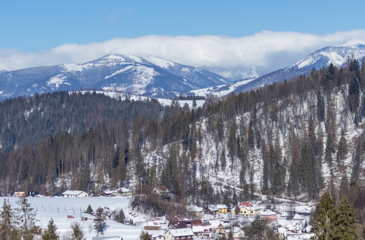 Snowy mountains and the valley below the resort